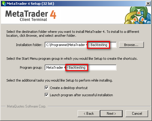 Metatrader Backtesting Ordner und Programmgruppe